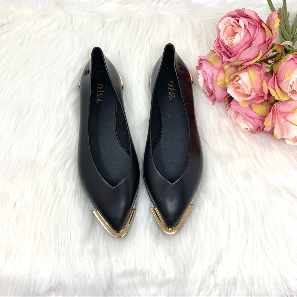 Melissa Pointy Toe Flats Black w/ Gold Accent Sz 7